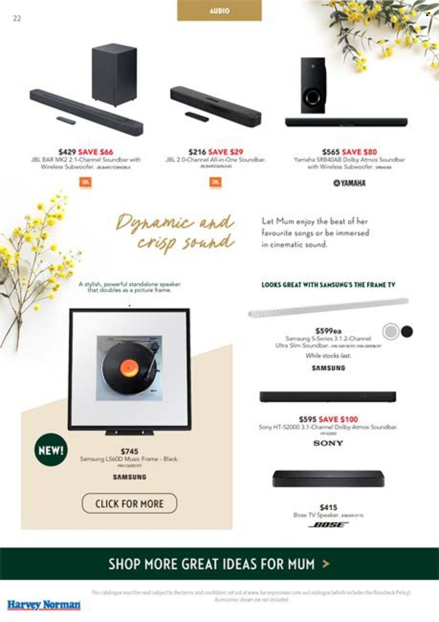 thumbnail - Harvey Norman Catalogue - 26 Apr 2024 - 12 May 2024 - Sales products - picture frame, Sony, Samsung, TV, BOSE, speaker, JBL, sound bar. Page 22.