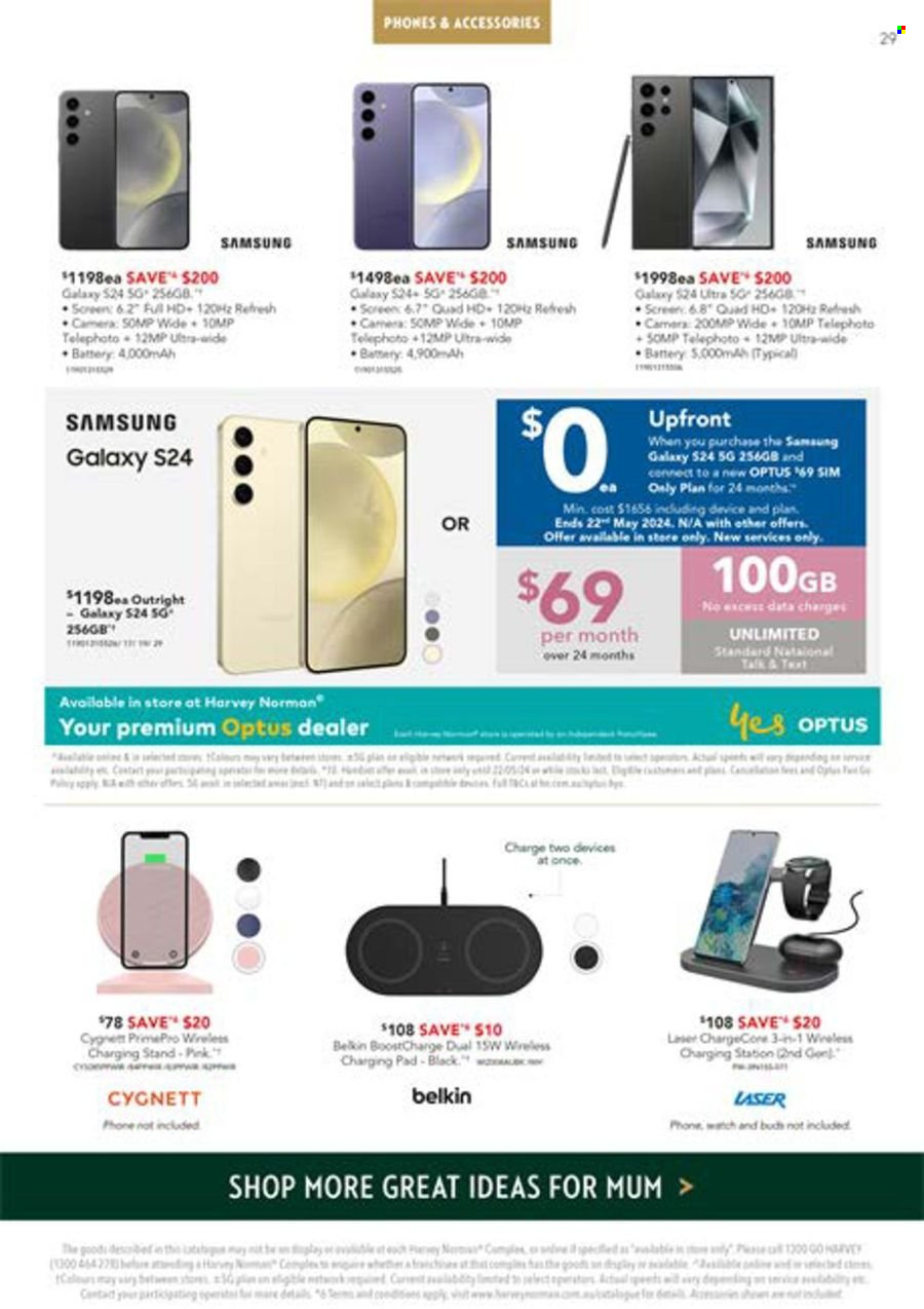 thumbnail - Harvey Norman Catalogue - 26 Apr 2024 - 12 May 2024 - Sales products - laser, Samsung Galaxy, battery, Samsung, Optus, charging stand, SIM card, camera. Page 29.