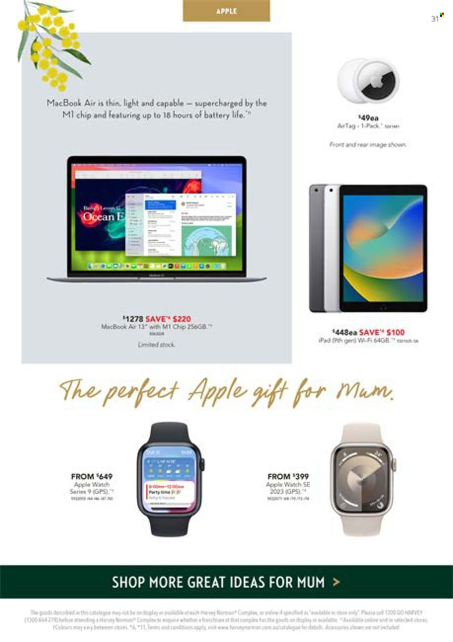 thumbnail - Harvey Norman Catalogue - 26 Apr 2024 - 12 May 2024 - Sales products - Apple, tablet, iPad, Apple AirTag, Apple Watch, smart watch, Apple Watch SE, MacBook, MacBook Air. Page 31.