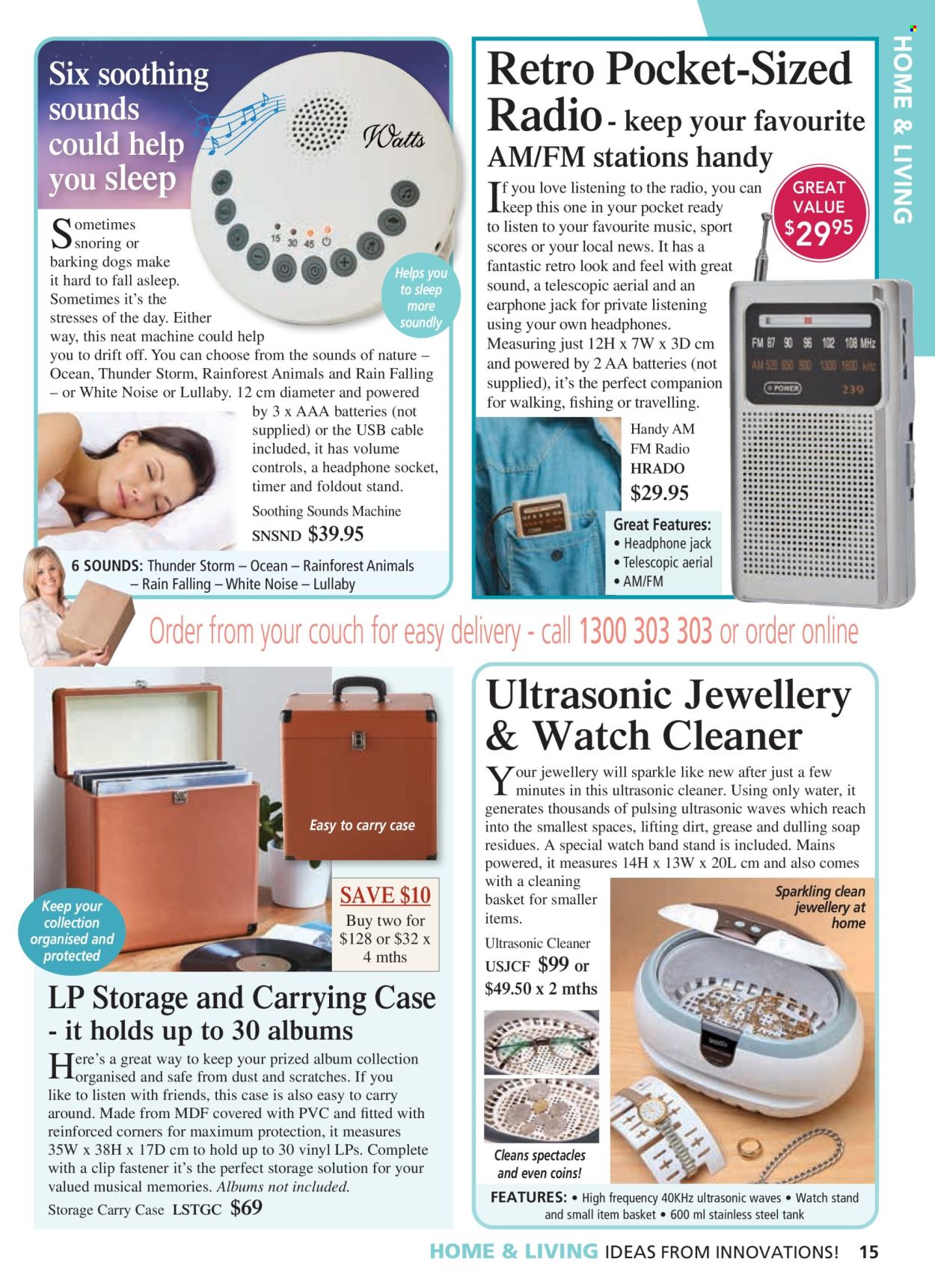 thumbnail - Innovations Catalogue - Sales products - basket, tank, radio, headphones, earphone, ultrasonic cleaner, watch. Page 15.