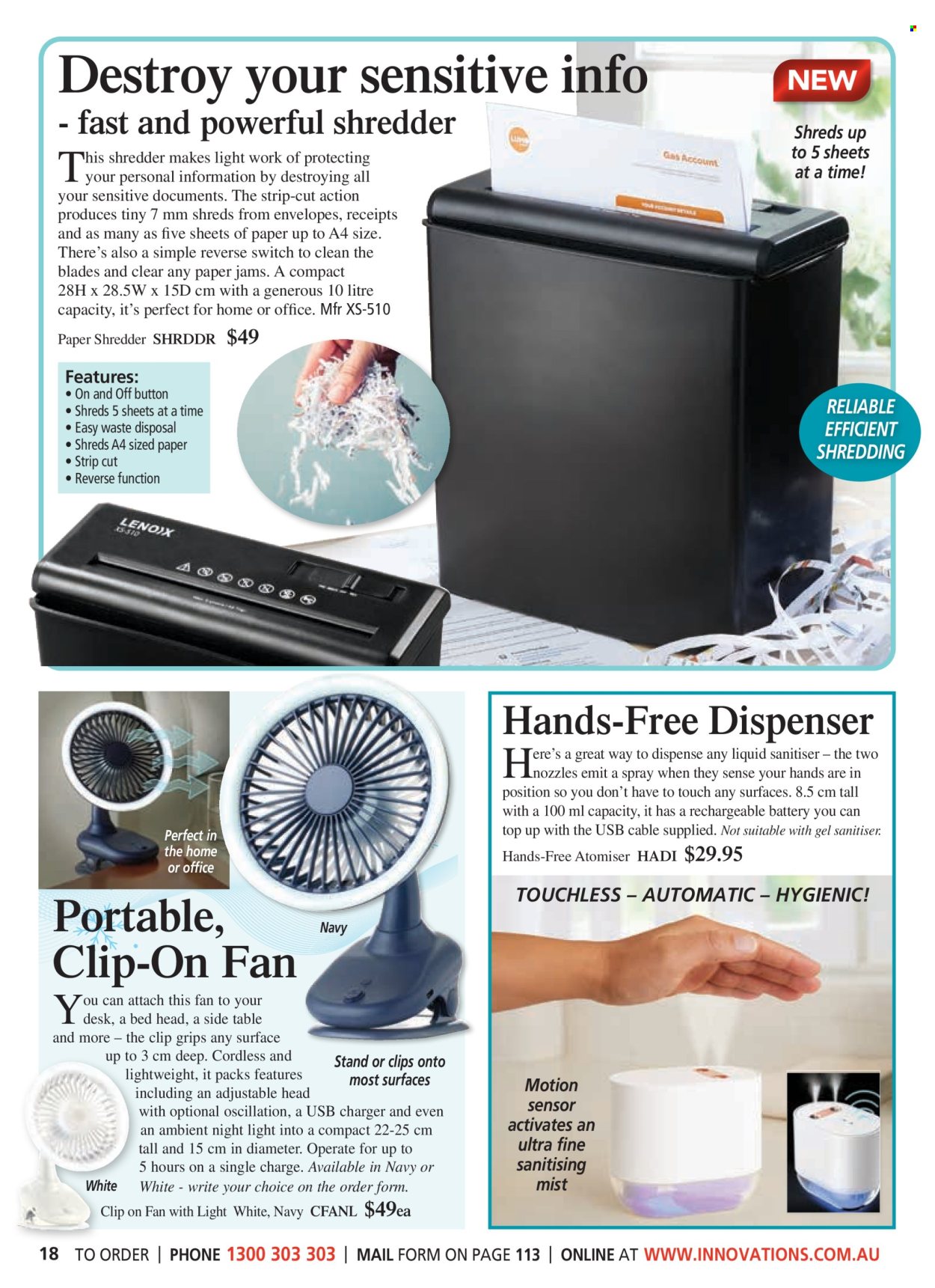 thumbnail - Innovations Catalogue - Sales products - dispenser, paper, envelope, paper shredder, USB charger, ceiling fan, nightlight. Page 18.
