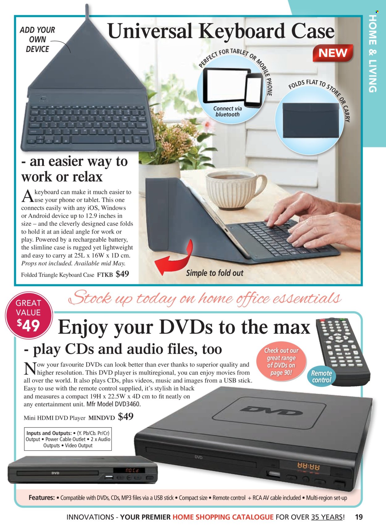 thumbnail - Innovations Catalogue - Sales products - keyboard, dvd player, RCA, remote control. Page 19.