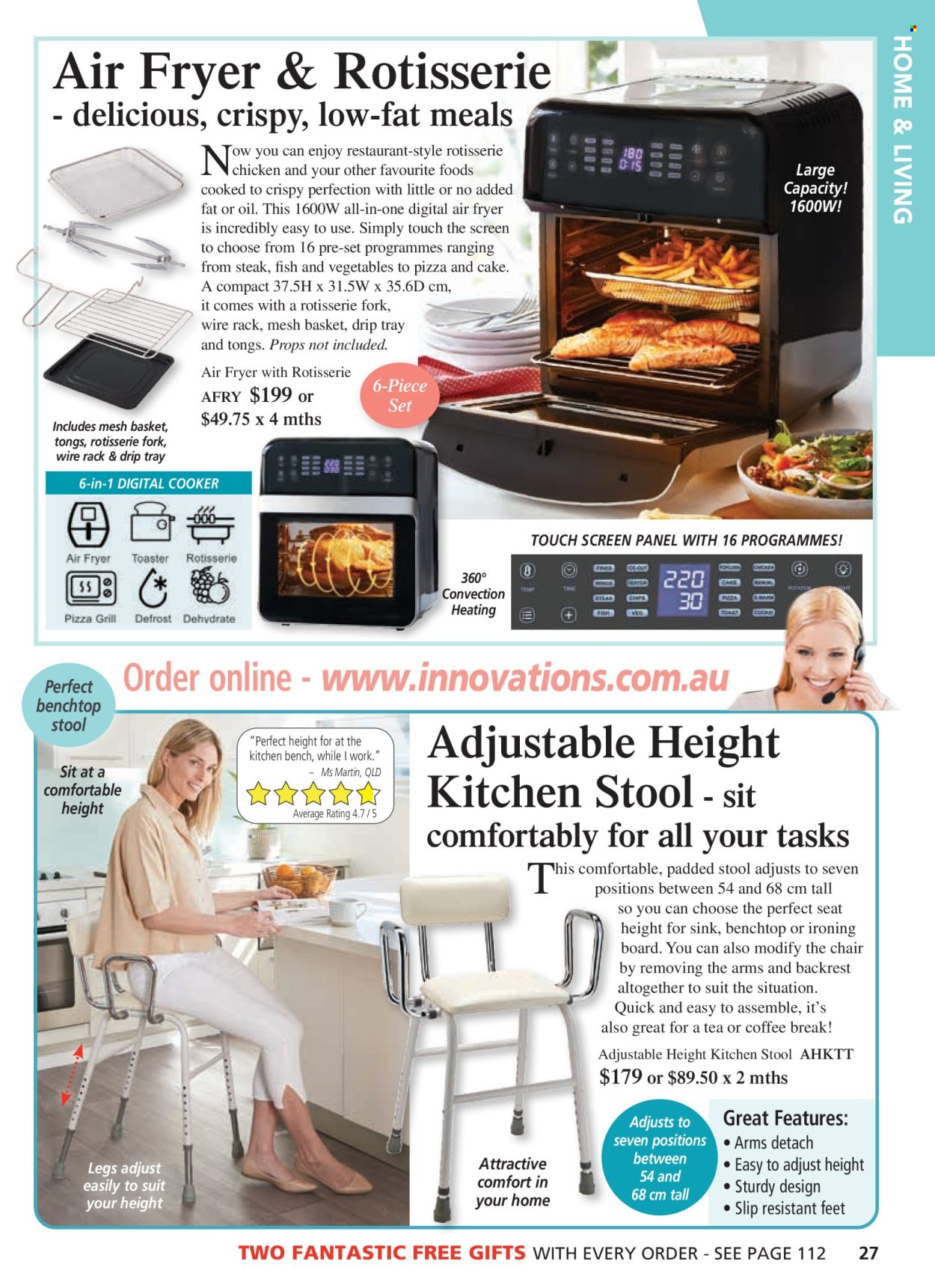 thumbnail - Innovations Catalogue - Sales products - ironing board, fork, tong, back pillow, air fryer. Page 27.