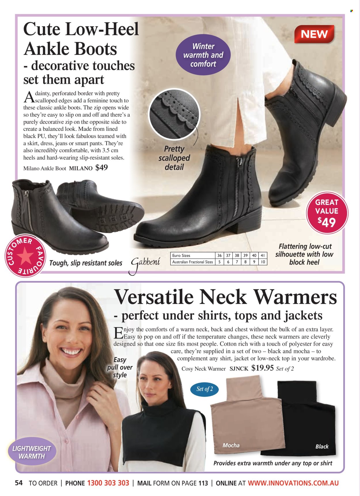 thumbnail - Innovations Catalogue - Sales products - boots, heels, jacket, jeans, pants, dress, shirt, neck warmer. Page 54.