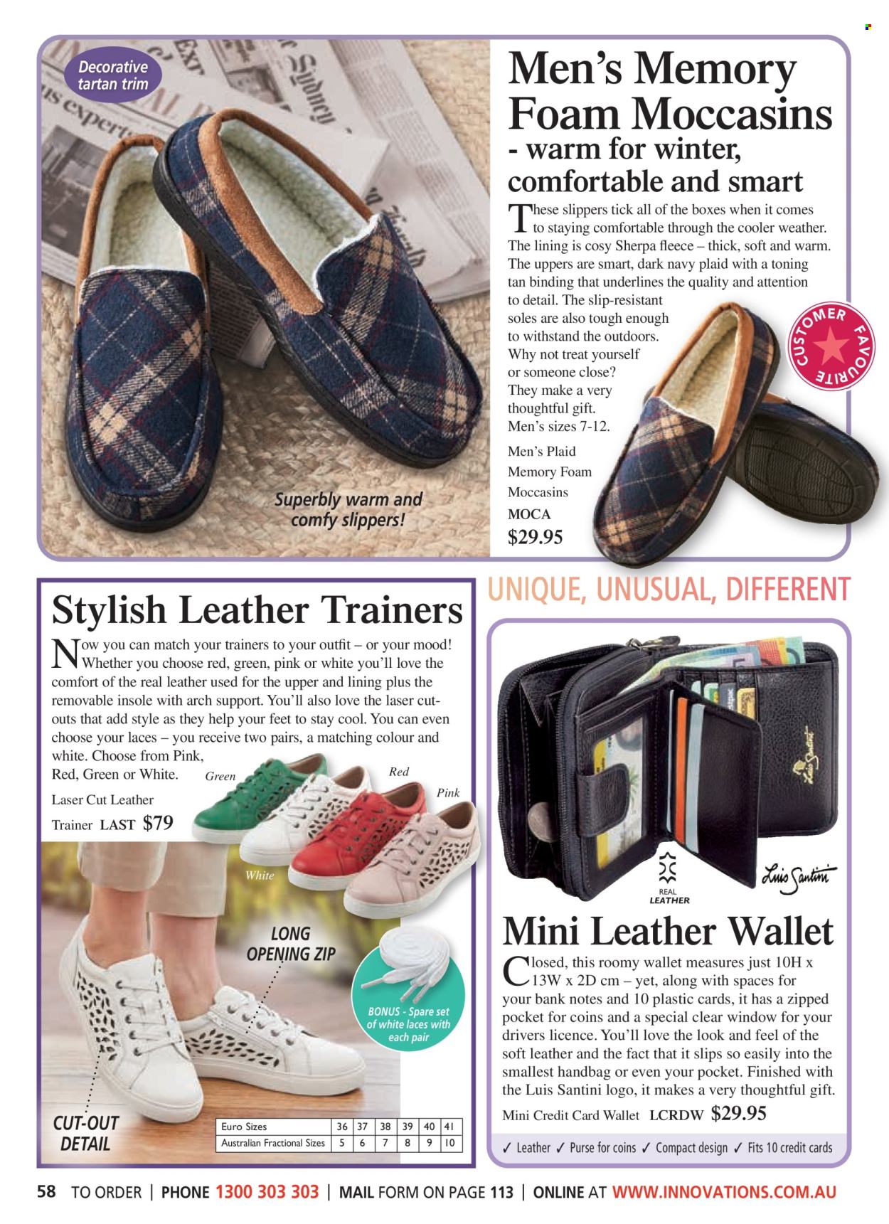 thumbnail - Innovations Catalogue - Sales products - slippers, trainers, sherpa, handbag, leather wallet, laser. Page 58.