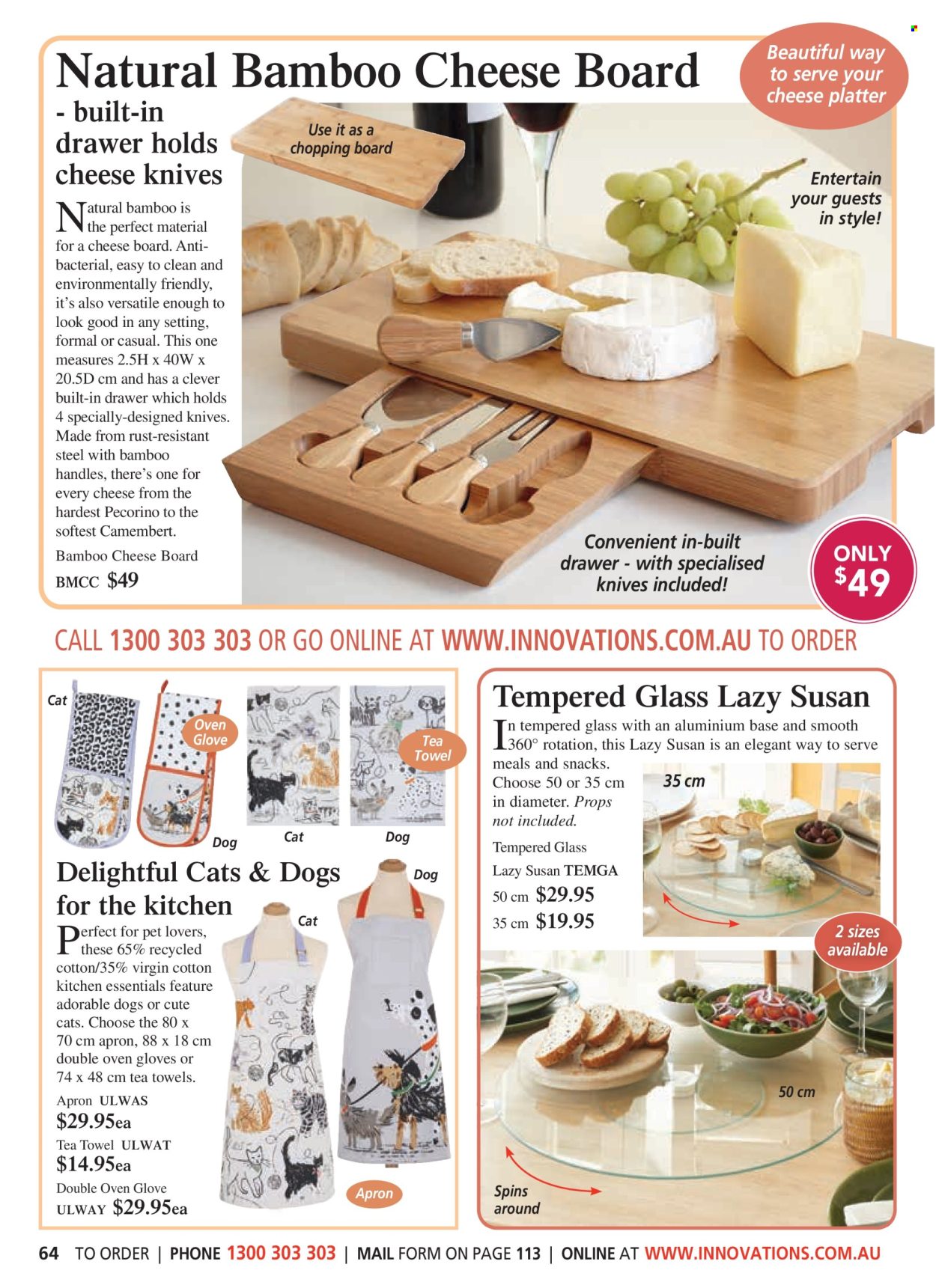 thumbnail - Innovations Catalogue - Sales products - knife, gloves, chopping board, cheese board, apron, tea towels. Page 64.