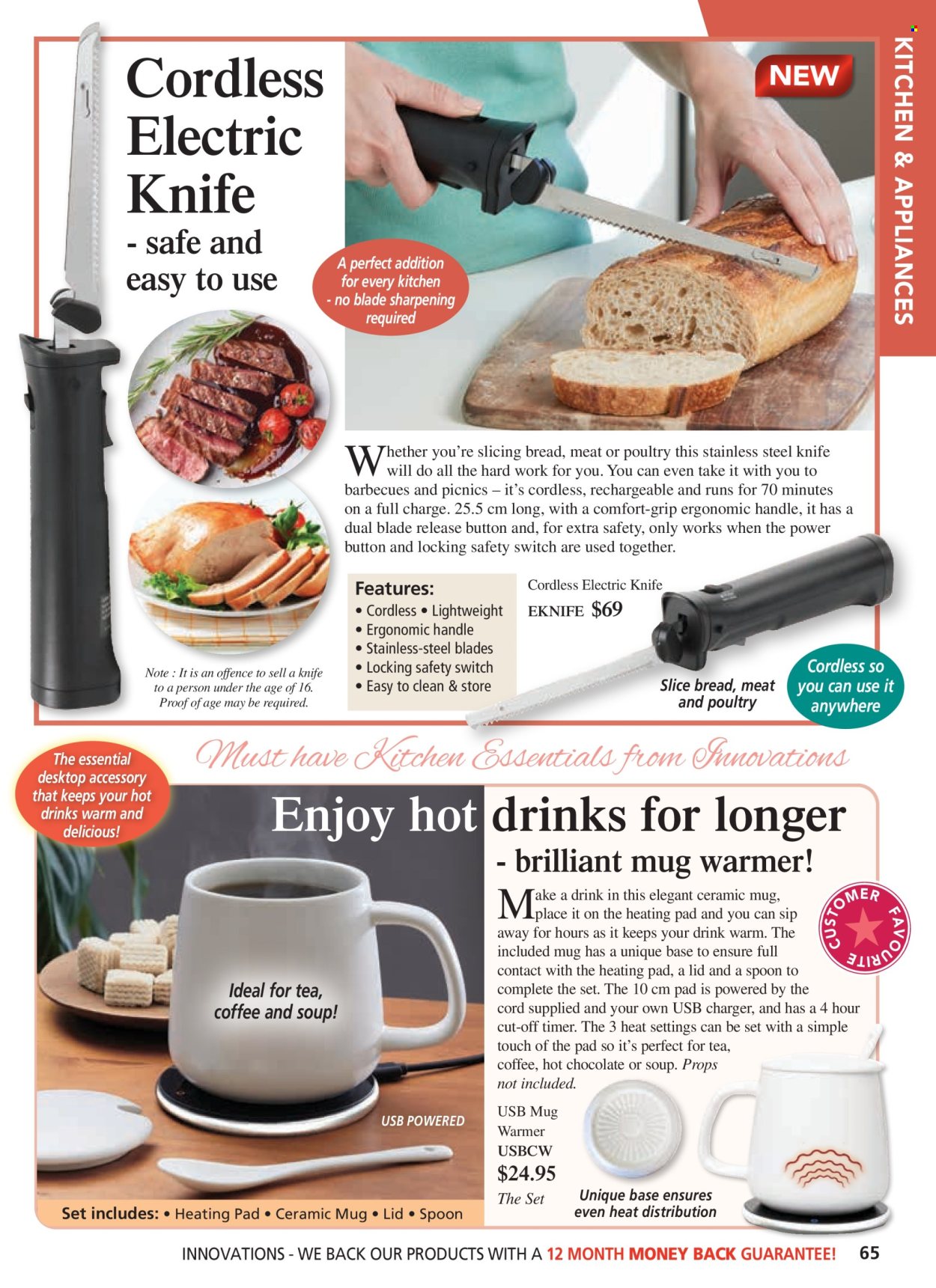 thumbnail - Innovations Catalogue - Sales products - knife, safe, ceramic mug, lid, mug, spoon, USB charger, heating pad. Page 65.