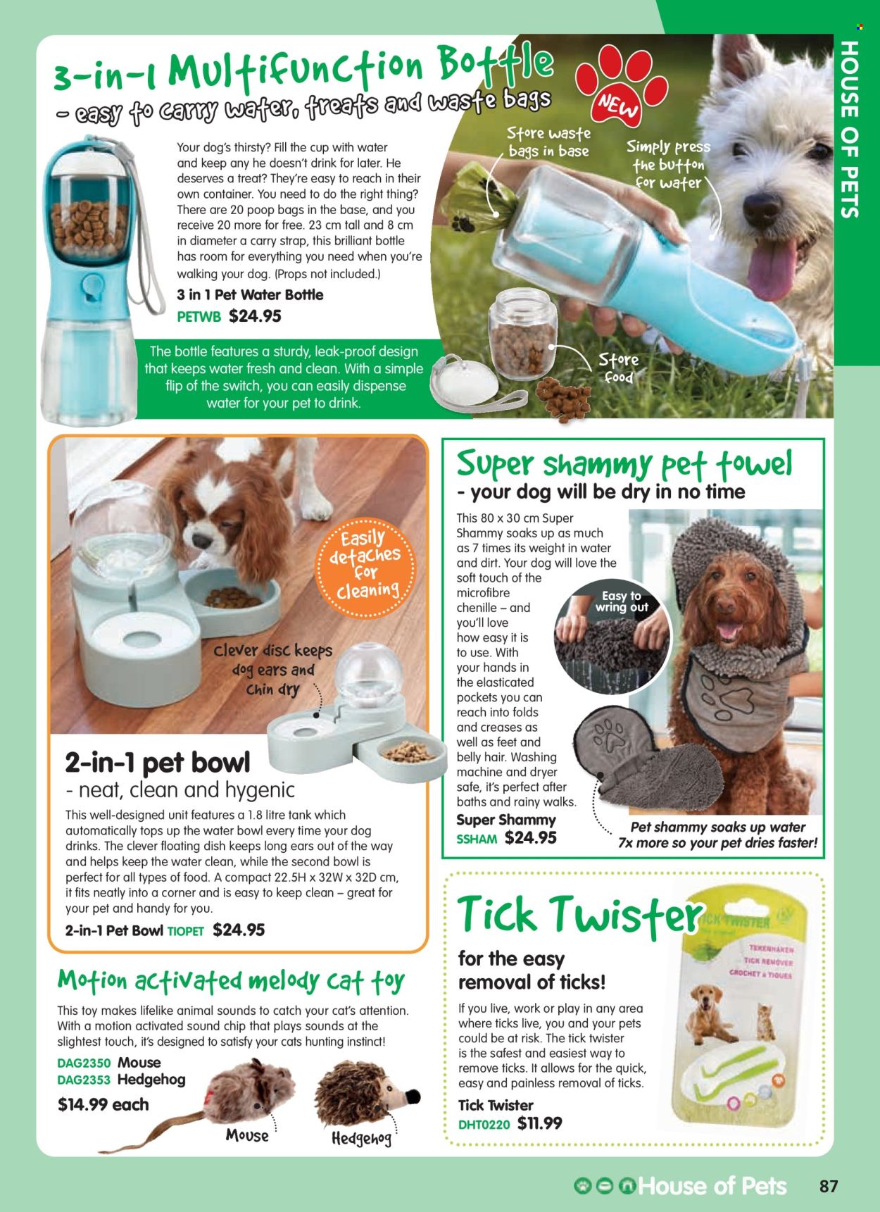 thumbnail - Innovations Catalogue - Sales products - safe, drink bottle, cup, bowl, container, bag, towel, mouse, cat toy, tank, pet towel, tops. Page 87.