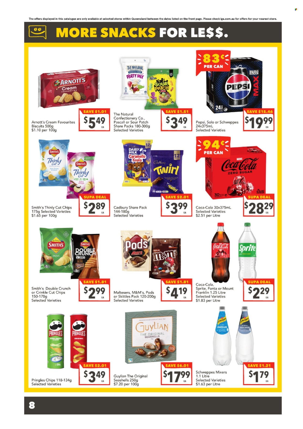 thumbnail - SUPA VALU Catalogue - 3 Jul 2024 - 9 Jul 2024 - Sales products - snack, chocolate, Mars, M&M's, biscuit, Maltesers, Cadbury, Dairy Milk, Skittles, chocolate candies, Sour Patch, chocolate bar, sweets, gummies, Pringles, Smith's, salty snack, Coca-Cola, lemonade, Schweppes, Sprite, Pepsi, Fanta, Pepsi Max, soft drink, Coca-Cola zero, soda, water, carbonated soft drink, chicken. Page 9.