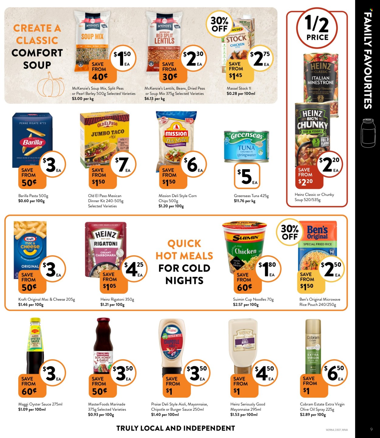 thumbnail - Foodworks Catalogue - 3 Jul 2024 - 9 Jul 2024 - Sales products - Old El Paso, beans, peas, soup mix, tuna, macaroni & cheese, pasta, noodles cup, dinner kit, Barilla, noodles, Kraft®, mayonnaise, split peas, chips, corn chips, Maggi, lentils, Heinz, Uncle Ben's, oyster sauce, marinade, sauce, cooking spray, extra virgin olive oil, olive oil, TRULY. Page 9.