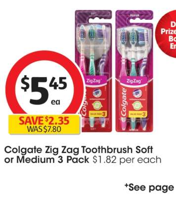 Colgate Zig Zag Toothbrush Soft or Medium 3 Pack