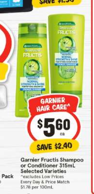 Garnier Fructis Shampoo or Conditioner 315mL Selected Varieties