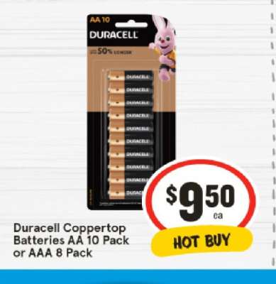 Duracell Coppertop Batteries AA 10 Pack or AAA 8 Pack