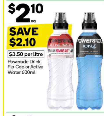 Powerade Drink Flo Cap or Active Water 600ml