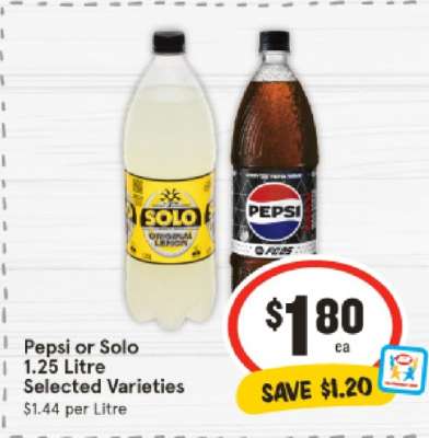 Pepsi or Solo 1.25 Litre Selected Varieties