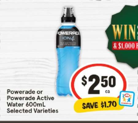 Powerade or Powerade Active Water 600mL Selected Varieties