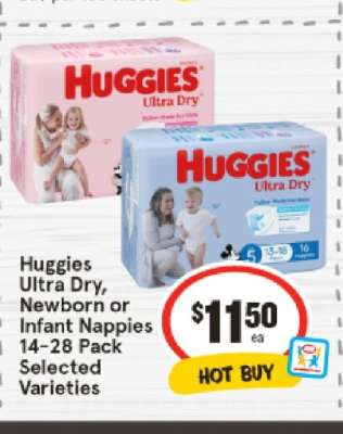 Huggies Ultra Dry, Newborn or Infant Nappies 14-28 Pack Selected Varieties