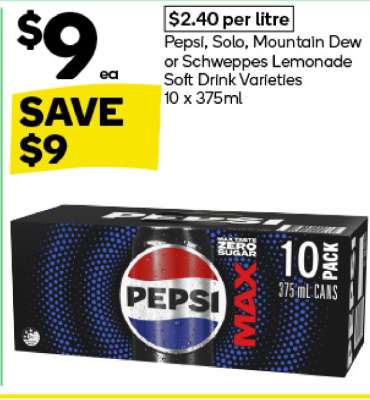 Pepsi, Solo, Mountain Dew or Schweppes Lemonade Soft Drink Varieties 10 x 375ml