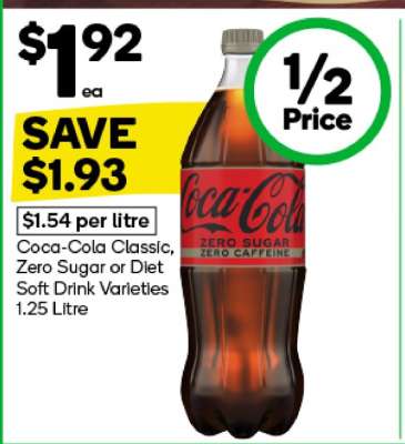 Coca-Cola Classic, Zero Sugar or Diet Soft Drink Varieties 1.25 Litre