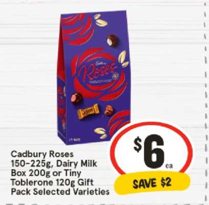 Cadbury Roses 150-225g, Dairy Milk Box 200g or Tiny Toblerone 120g Gift Pack Selected Varieties