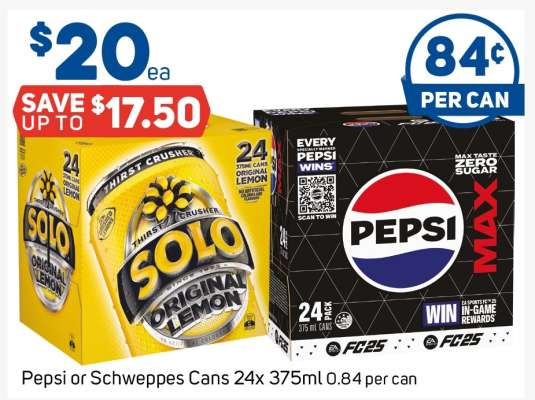 Pepsi or Schweppes Cans 24x 375ml