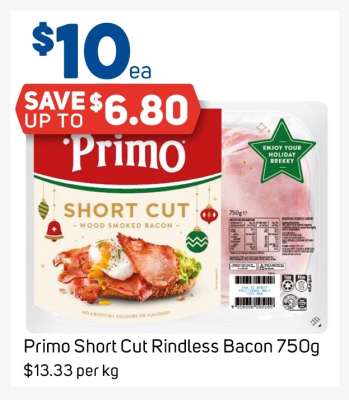 Primo Short Cut Rindless Bacon 750g