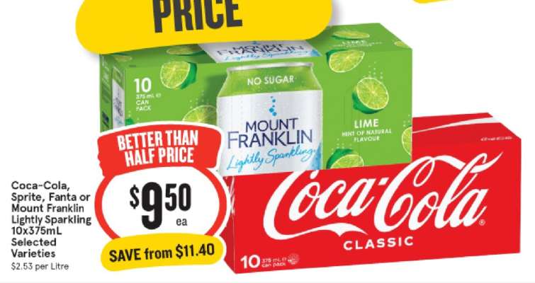 Coca-Cola, Sprite, Fanta or Mount Franklin Lightly Sparkling 10x375mL