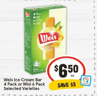 Weis Ice Cream Bar 4 Pack or Mini 6 Pack Selected Varieties