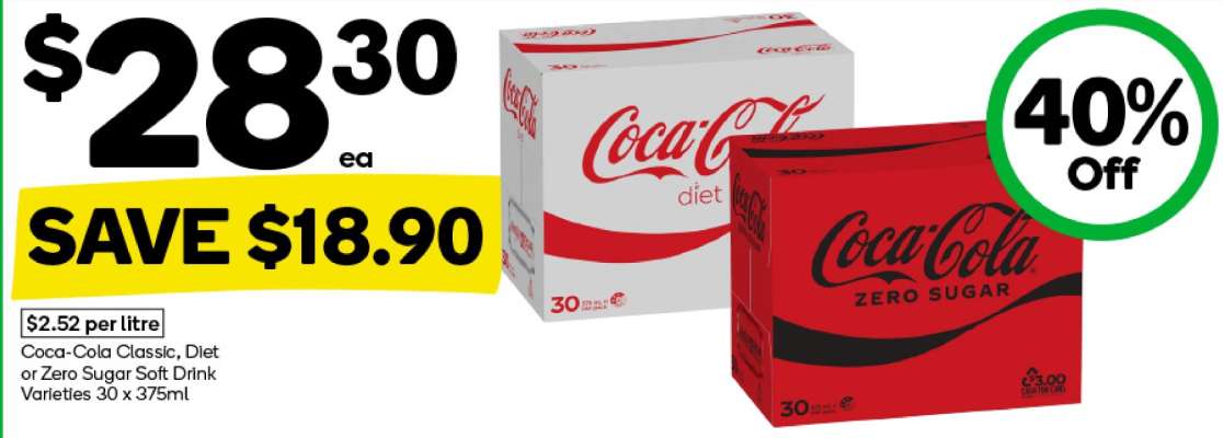 Coca-Cola Classic, Diet or Zero Sugar Soft Drink Varieties 30 x 375ml