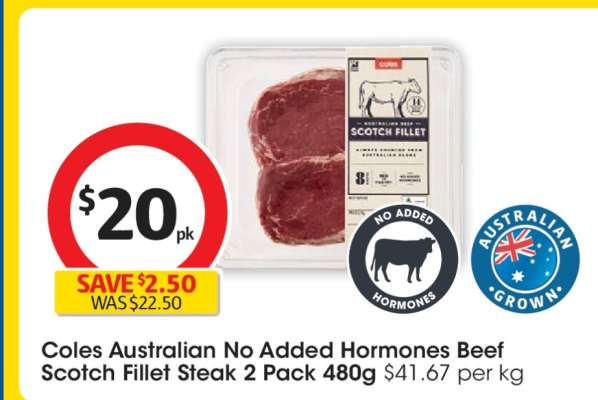 Coles Australian No Added Hormones Beef Scotch Fillet Steak 2 Pack 480g