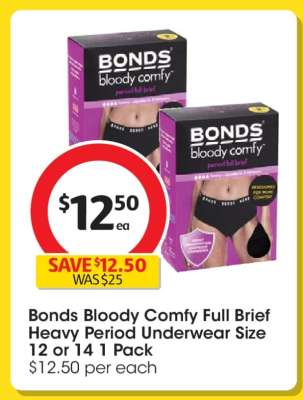 Bonds Bloody Comfy Full Brief Heavy Period Underwear Size 12 or 14 1 Pack