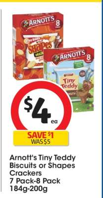Arnott's Tiny Teddy Biscuits or Shapes Crackers
