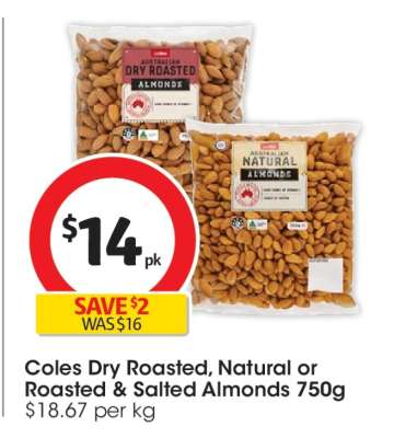 Coles Dry Roasted, Natural or Roasted & Salted Almonds 750g