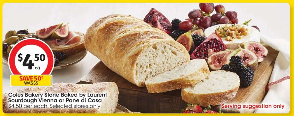 Coles Bakery Stone Baked by Laurent Sourdough Vienna or Pane di Casa
