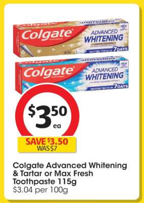 Colgate Advanced Whitening & Tartar or Max Fresh Toothpaste 115g