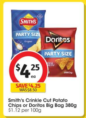 Smith's Crinkle Cut Potato Chips or Doritos Big Bag 380g