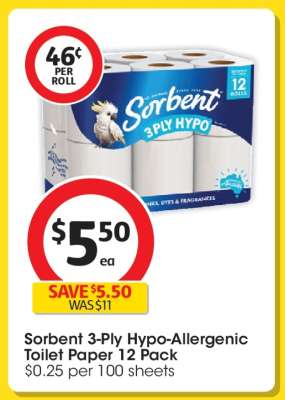 Sorbent 3-Ply Hypo-Allergenic Toilet Paper 12 Pack