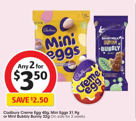 Cadbury Creme Egg 40g, Mini Eggs 31.9g or Mint Bubbly Bunny 32g