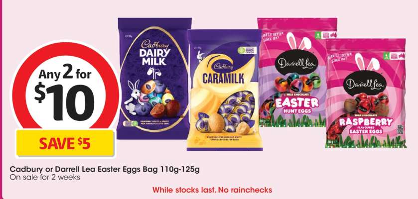 Cadbury or Darrell Lea Easter Eggs Bag 110g-125g
