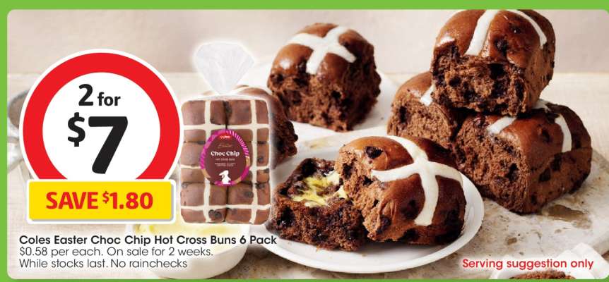 Coles Easter Choc Chip Hot Cross Buns 6 Pack