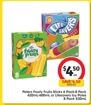Peters Frosty Fruits Sticks 6 Pack-8 Pack 420mL-600mL or Lifesavers Icy Poles 8 Pack 530mL