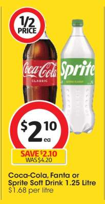 Coca-Cola, Fanta or Sprite Soft Drink 1.25 Litre