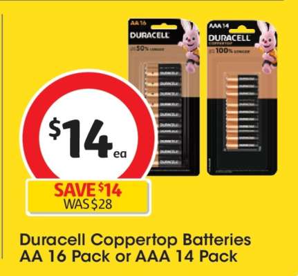 Duracell Coppertop Batteries AA 16 Pack or AAA 14 Pack