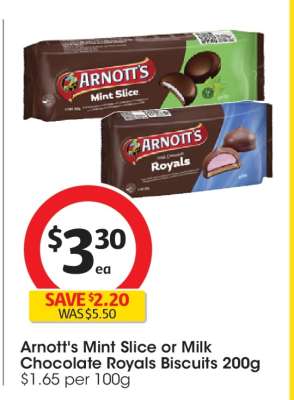 Arnott's Mint Slice or Milk Chocolate Royals Biscuits 200g