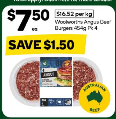 Woolworths Angus Beef Burgers 454g Pk 4