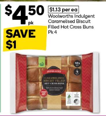 Woolworths Indulgent Caramelised Biscuit Filled Hot Cross Buns Pk 4