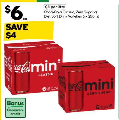 Coca-Cola Classic, Zero Sugar or Diet Soft Drink Varieties 6 x 250ml