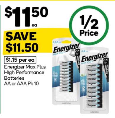 Energizer Max Plus High Performance Batteries AA or AAA Pk 10