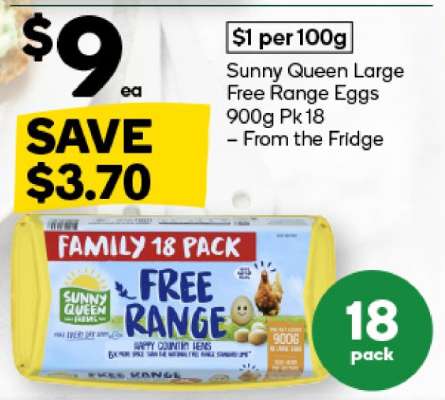 Sunny Queen Large Free Range Eggs 900g Pk 18