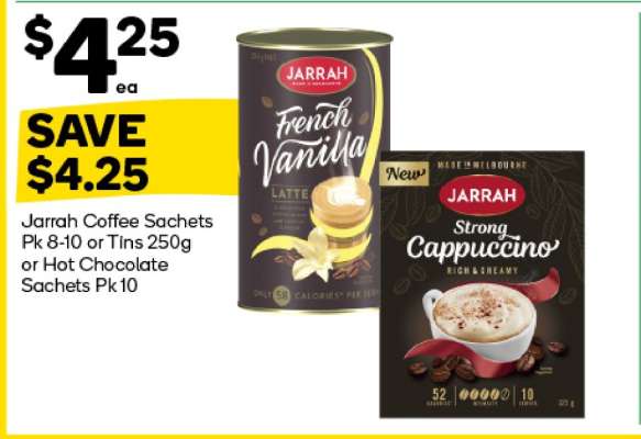 Jarrah Coffee Sachets Pk 8-10 or Tins 250g or Hot Chocolate Sachets Pk 10